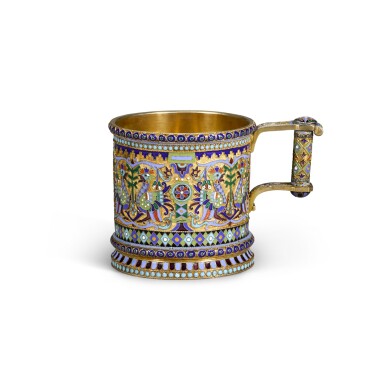 View full screen - View 1 of Lot 223. A silver-gilt and cloisonné enamel tea glass holder, Pavel Ovchinnikov, Moscow, 1890s.