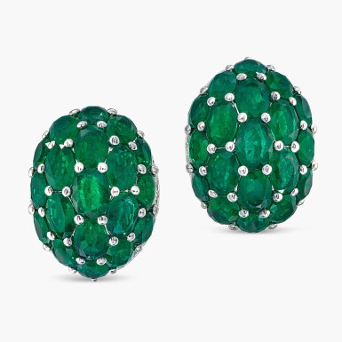 View full screen - View 1 of Lot 1441. Pair of Emerald and Diamond Earrings.