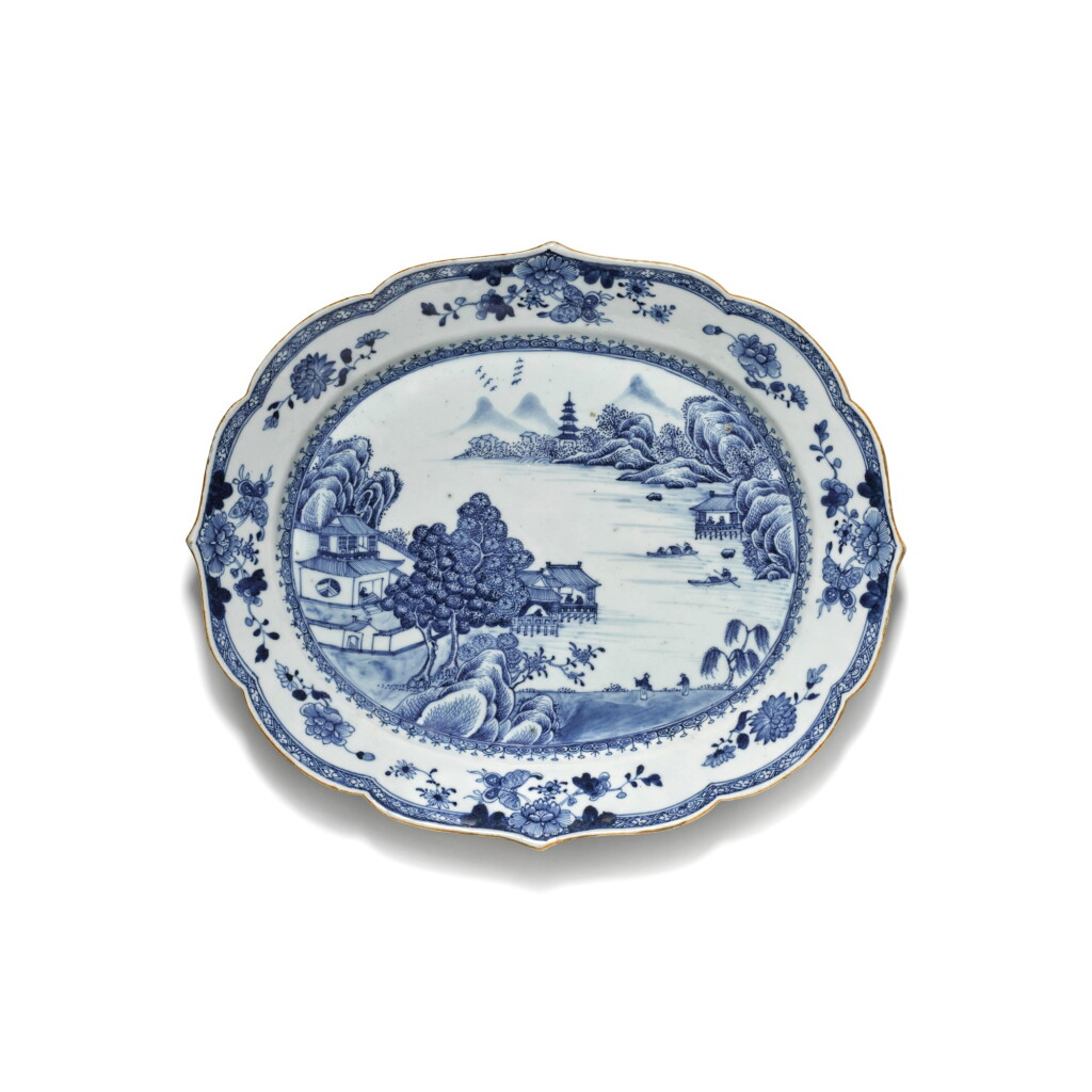 View full screen - View 1 of Lot 261. A blue and white oval serving dish, Qing dynasty, 18th century.