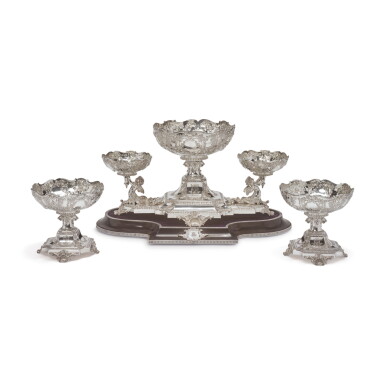 View full screen - View 1 of Lot 642. A VICTORIAN SILVER TABLE GARNITURE, HORACE WOODWARD & CO. LTD., LONDON, 1895.
