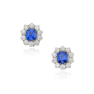 View full screen - View 1 of Lot 560. Pair of sapphire and diamond earrings.