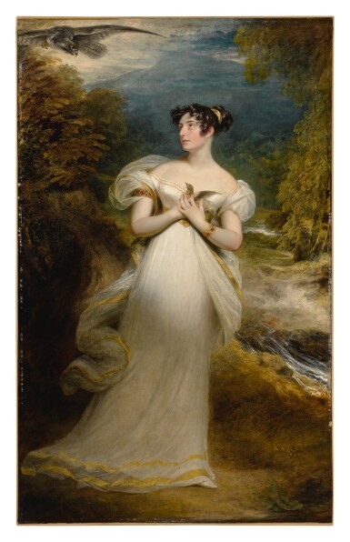 View full screen - View 1 of Lot 123. SIR WILLIAM BEECHEY, R.A. | PORTRAIT OF MISS MARY PAYNE, LATER MRS. DOLPHIN, FULL-LENGTH, IN A WHITE GOWN AND HOLDING A THRUSH AS AN EAGLE SWOOPS TOWARD HER, IN A WOODED LANDSCAPE.
