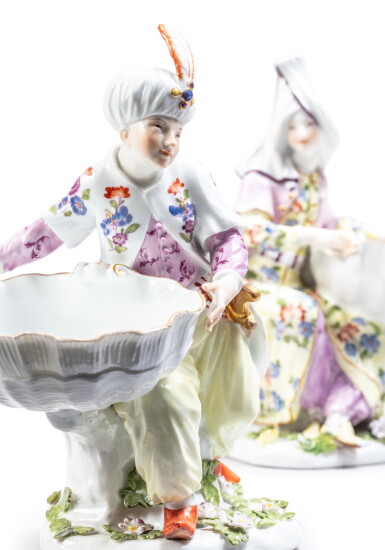 View full screen - View 1 of Lot 65. Two Meissen porcelain sweetmeat figures of a Turk and companion, circa 1750-60.