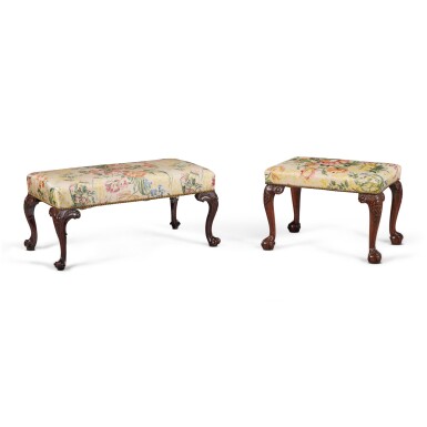 View full screen - View 1 of Lot 65. A George II Walnut Stool, Circa 1745, together with a George II Mahogany Small Bench, Probably Mid-18th Century .