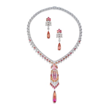 View full screen - View 1 of Lot 14. Colored Stone and Diamond 'Mauna' Necklace and Pair of Earclips | 卡地亞 | 彩色寶石及鑽石 'Mauna' 項鏈及一對耳夾.