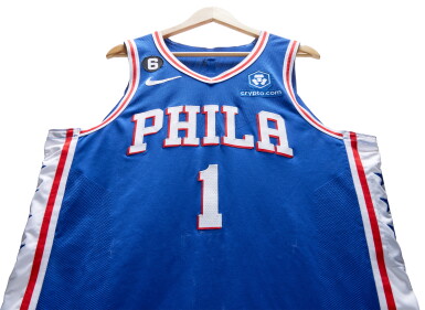 View full screen - View 1 of Lot 107. James Harden Philadelphia 76ers 2022-2023 Game Worn Icon Edition Jersey | Double-Double.