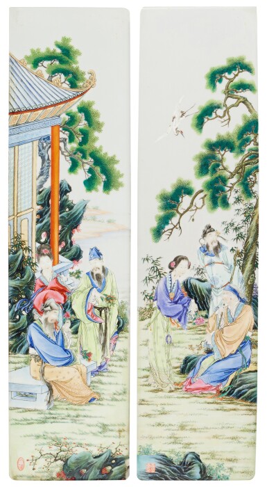 View full screen - View 1 of Lot 1201. A pair of famille-rose 'figural' panels, 20th century | 二十世紀 粉彩人物庭院故事圖瓷板一對 .