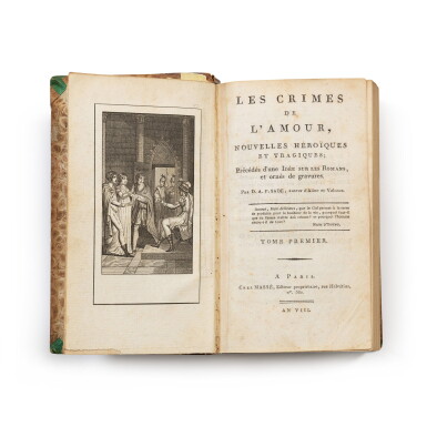 View full screen - View 1 of Lot 30. Les Crimes de l'amour. Paris, an VIII. 4 tomes en un vol. Rel. postérieure. Édition originale..