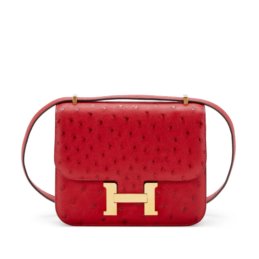View full screen - View 1 of Lot 74. Rouge Vif Ostrich Constance 18 Gold Hardware, 2019.
