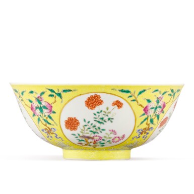 View full screen - View 1 of Lot 107. A YELLOW-GROUND FAMILLE-ROSE 'MEDALLION' BOWL SEAL MARK AND PERIOD OF DAOGUANG | 清道光 內青花花卉紋外粉彩黃地軋道開光萬壽牡丹紋盌 《大清道光年製》款.