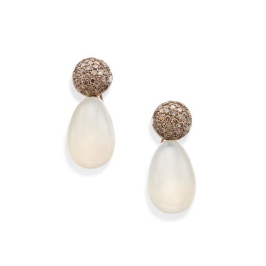 View full screen - View 1 of Lot 188. Pair of Moonstone and Colored Diamond Pendant-Earclips.