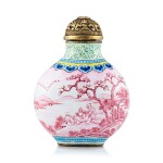 A Beijing Enamel 'Ruby Landscape' Snuff Bottle Mark and Period of Jiaqing | 清嘉慶 銅胎北京畫琺瑯胭脂紅山水人物圖鼻煙壺 《嘉慶年製》款