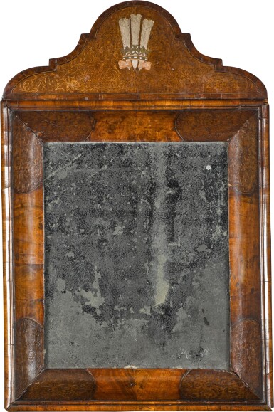 View full screen - View 1 of Lot 2. A William and Mary walnut and seaweed marquetry cushion frame mirror, late 17th century.
