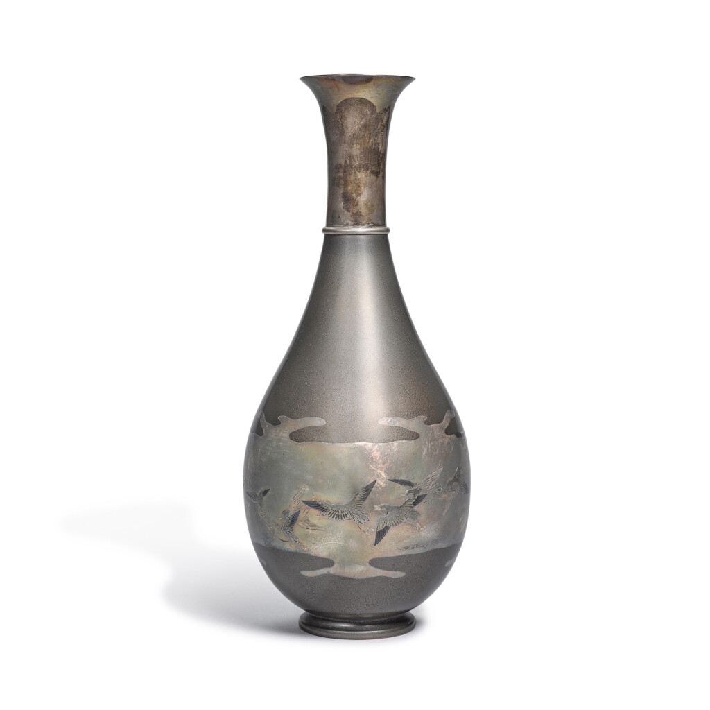 View full screen - View 1 of Lot 99. A SILVER AND SHIBUICHI PEAR-SHAPED VASE SIGNED KAZUO CHU, MEIJI PERIOD, LATE 19TH CENTURY.