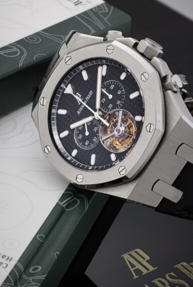 View full screen - View 1 of Lot 65. Reference 25977ST.OO.D002CR.01 Royal Oak Tourbillon | A stainless steel tourbillon chronograph wristwatch, Circa 2007.