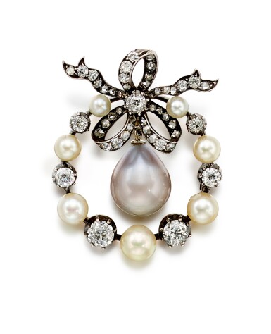 View full screen - View 1 of Lot 9009. Natural Pearl and Diamond Brooch, 19th Century | 天然海水珍珠 配 鑽石 胸針, 19世紀.