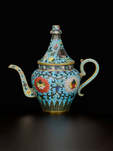 View full screen - View 1 of Lot 75. A rare cloisonné enamel 'lotus' ewer and cover, Ming dynasty, 16th century | 明十六世紀 掐絲琺瑯纏枝蓮紋執壺連蓋.