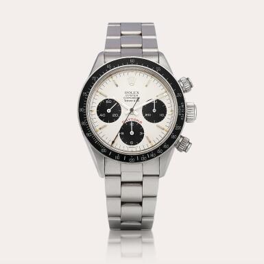 View full screen - View 1 of Lot 2338. Cosmograph Daytona "Big Red", Reference 6263 | A stainless steel chronograph wristwatch with bracelet, Retailed by Tiffany & Co., Circa 1980 | 勞力士 | COSMOGRAPH DAYTONA "BIG RED" 型號6263 | 精鋼計時鏈帶腕錶,由TIFFANY & CO. 發行,約1980年製 .