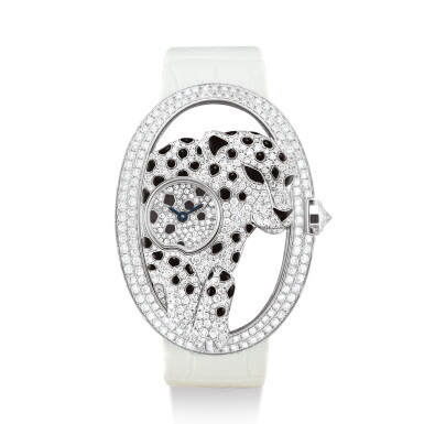 View full screen - View 1 of Lot 2134. CARTIER | PANTHÈRE AJOUREE DE CARTIER, REFERENCE HPI00656 A WHITE GOLD, ENAMEL AND DIAMOND-SET WRISTWATCH, CIRCA 2017" | 卡地亞 | Panthère Ajouree De Cartier 型號HPI00656 白金鑲鑽石及琺瑯腕錶,錶殼編號52530TX,約2017年製".