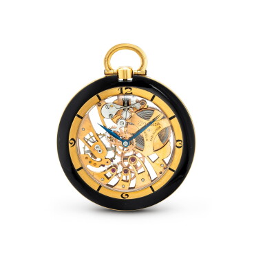 View full screen - View 1 of Lot 608. JUVENIA | A YELLOW GOLD AND ONYX-SET SKELETONISED KEYLESS OPENFACE WATCH, CIRCA 1980.