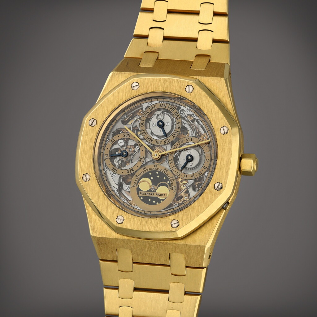 View full screen - View 1 of Lot 4. Royal Oak Perpetual Calendar, Ref. 25636BA | A yellow gold skeletonised perpetual calendar wristwatch with moon phases and bracelet | Circa 1990.