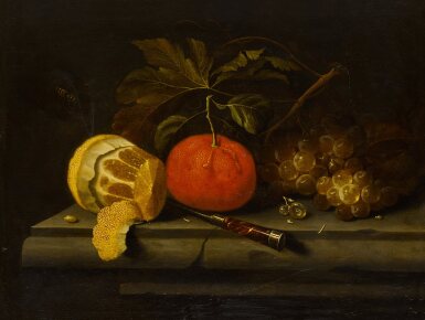 View full screen - View 1 of Lot 30. Still life with an orange, grapes and a peeled lemon on a stone ledge.