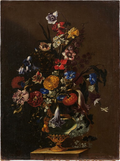 View full screen - View 1 of Lot 1079. Still life with wild roses, marigolds, jasmine, bluebells and other flowers in a decorative vase.