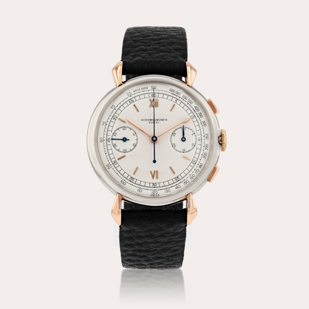 View full screen - View 1 of Lot 368. 'Teardop lugs', 'Base 1000' Montre bracelet chronographe en or rose et acier | Pink gold and stainless steel chronograph wristwatch Vers 1943 | Circa 1943.
