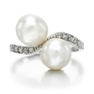View full screen - View 1 of Lot 46. NATURAL PEARL AND DIAMOND RING.