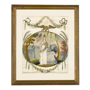 View full screen - View 1 of Lot 1745. FINE AND RARE SILK AND GOLD THREAD EMBROIDERED MOURNING PICTURE: TO THE MEMORY OF GEO. WASHINGTON, ATTRIBUTED TO MISSES PATTEN'S SCHOOL, HARTFORD, CONNECTICUT, CIRCA 1815.