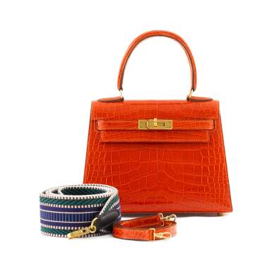 View full screen - View 1 of Lot 41. Orange H Shiny Alligator Mini Kelly 20 Gold Hardware, 1999.