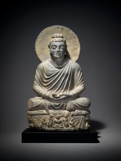 View full screen - View 1 of Lot 355. A Gray Schist Figure of the Seated Buddha, Ancient Region of Gandhara, 2nd/3rd Century.