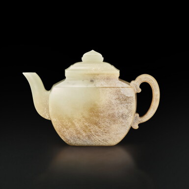 View full screen - View 1 of Lot 3692. A white and russet jade square teapot, Qing dynasty, 18th century | 清十八世紀 白玉帶皮方蓋壺.