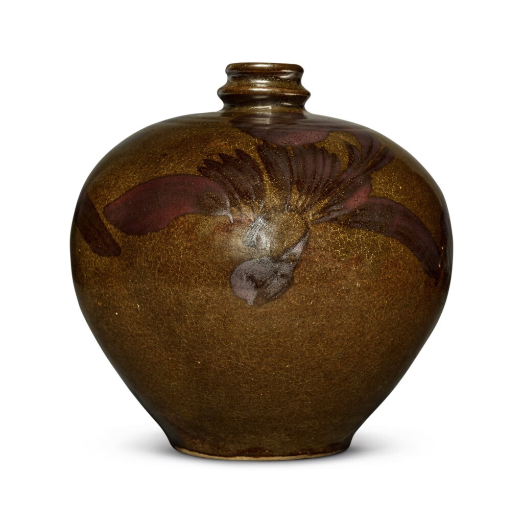 View full screen - View 1 of Lot 312. An iron-brown-decorated teadust-glazed vase, Jin dynasty | 金 茶葉末釉鐵鏽花紋小口瓶.