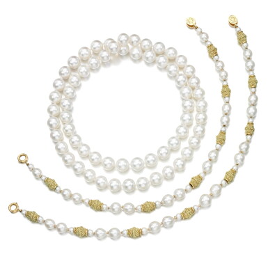 View full screen - View 1 of Lot 128. Cassandra Goad | Two cultured pearl and gold necklaces; Cultured pearl necklace.