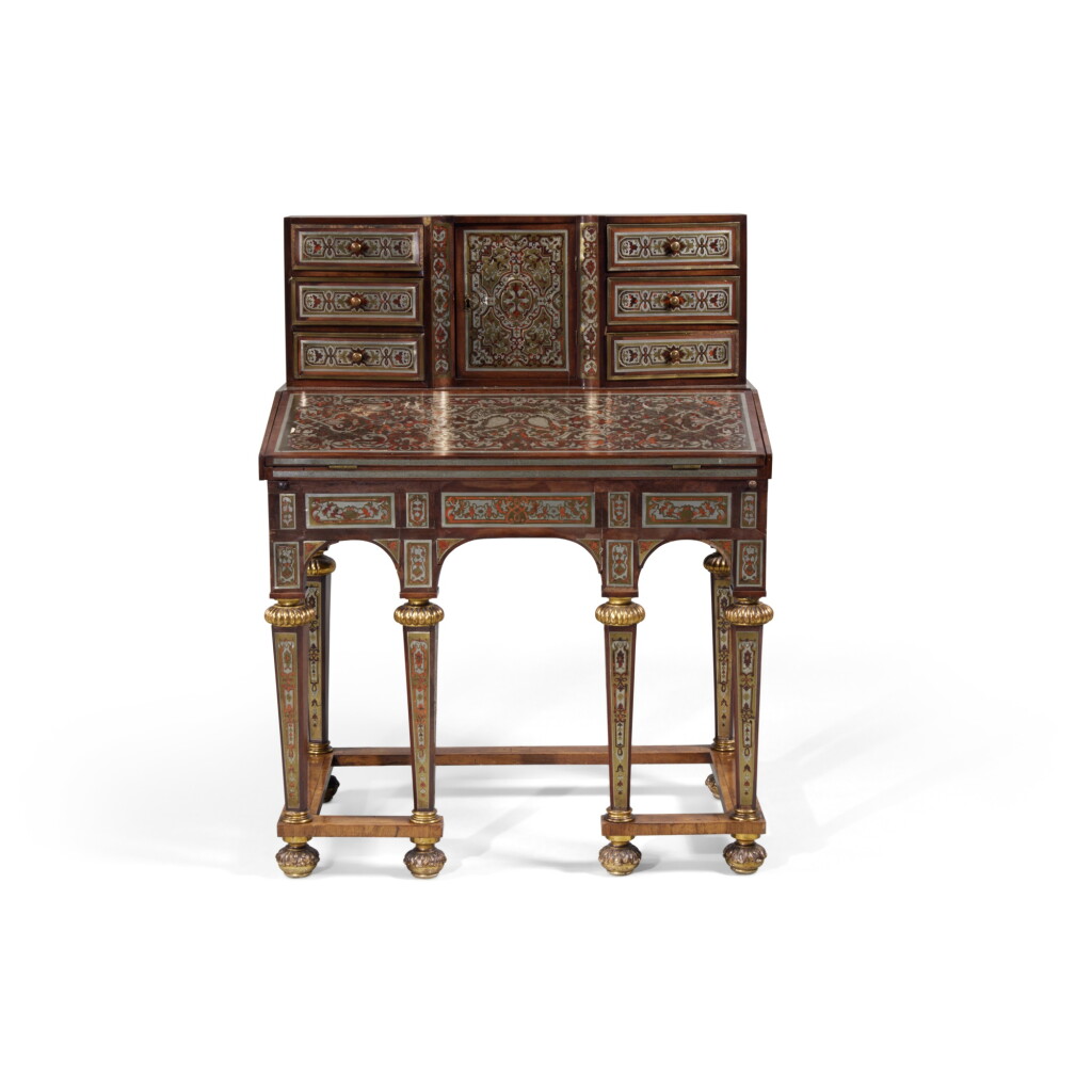 View full screen - View 1 of Lot 611. A Continental Baroque Walnut, Amaranth, and Pewter- and Brass-Inlaid Tortoiseshell Boulle Marquetry Bureau, Germany or the Low Countries, early 18th Century.