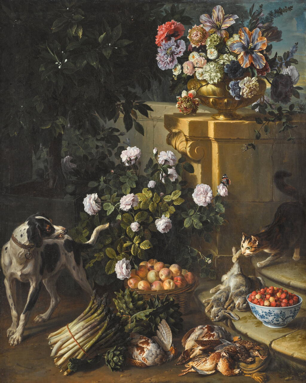 View full screen - View 1 of Lot 25. Still life with a dog and a cat in a garden landscape with game, flowers, a bunch of asparagus, a wicker basket of peaches and a blue and white porcelain bowl of wild strawberries.