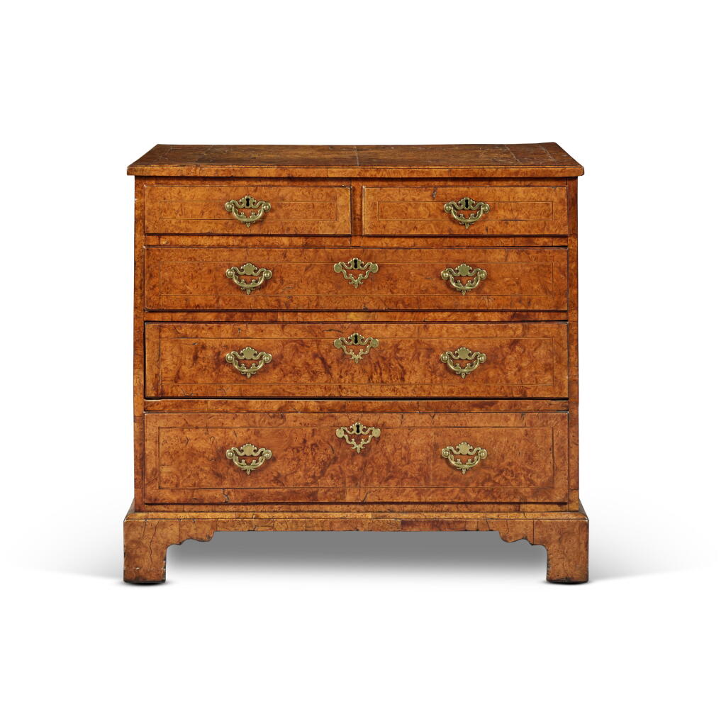 View full screen - View 1 of Lot 190. A George II Inlaid Burr Elm and Walnut Chest of Drawers, Second Quarter 18th Century.