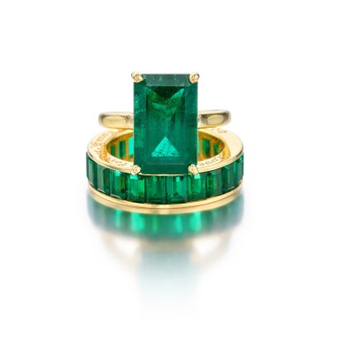 View full screen - View 1 of Lot 30. Emerald Ring, Cartier, and Eternity Band, Harry Winston.