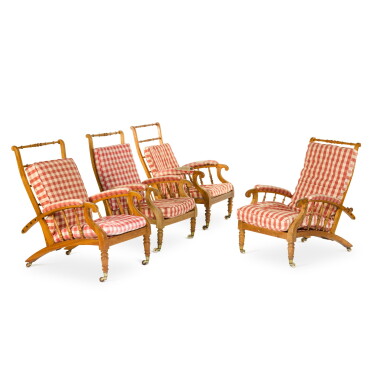 View full screen - View 1 of Lot 16. A harlequin set of four Victorian reclining armchairs, last quarter 19th century, in the manner of Morris, Marshall, Faulkner & Co.