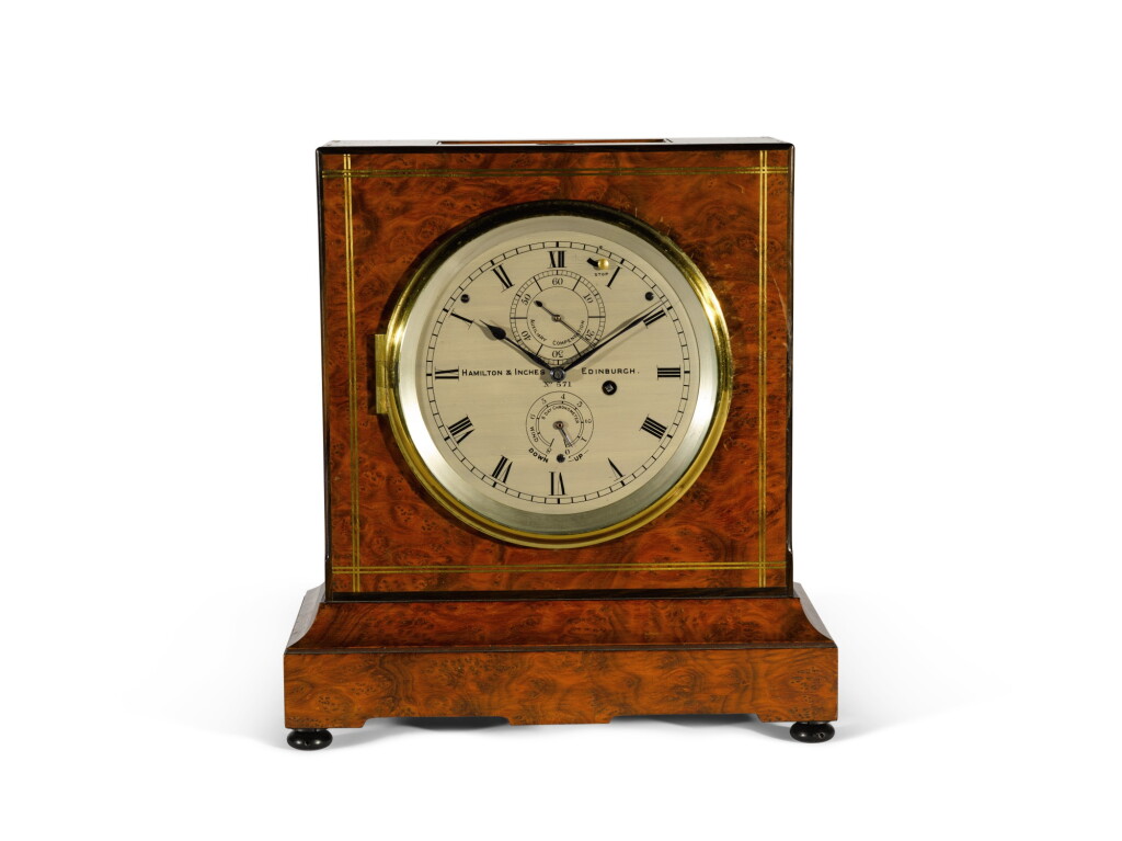 View full screen - View 1 of Lot 137. Thomas Mercer No.571. A burr-walnut 8-day mantel chronometer retailed by Hamilton & Inches, Edinburgh, circa 1920.