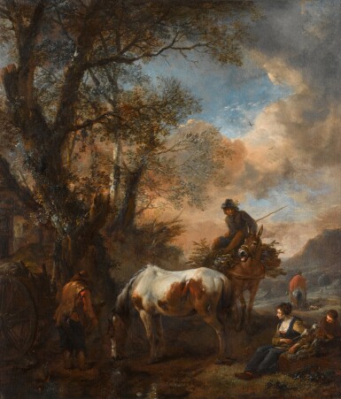View full screen - View 1 of Lot 125. Landscape near the edge of a wood with peasants resting and watering their horse.