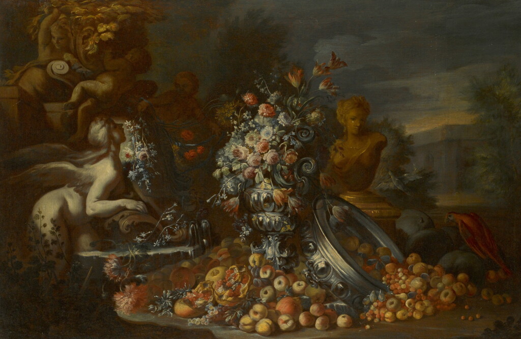 View full screen - View 1 of Lot 110. GAETANO CUSATI | STILL LIFE OF FLOWERS IN A VASE, WITH FRUITS SPILLING FROM AN UPTURNED SILVER BOWL, STATUES AND A PARROT IN AN ITALIANATE LANDSCAPE.