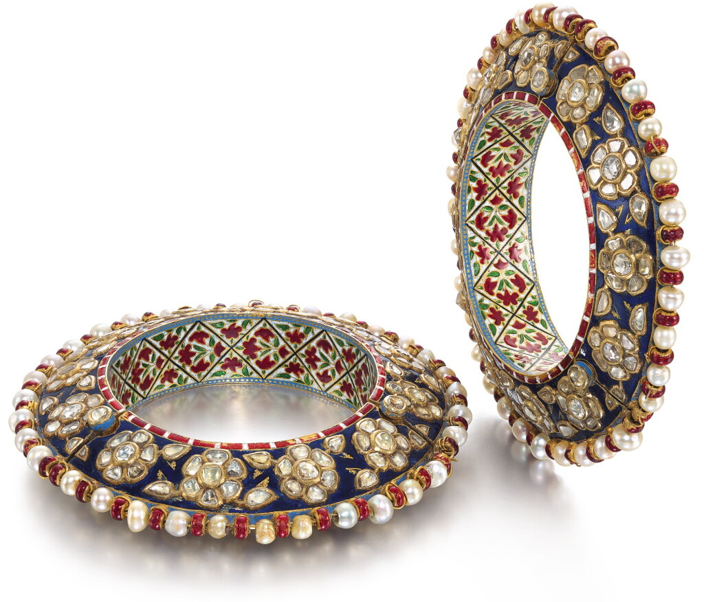 View full screen - View 1 of Lot 244. A PAIR OF DIAMOND-SET AND ENAMELLED BRACELETS SET WITH PEARLS, NORTH INDIA, 18TH CENTURY.
