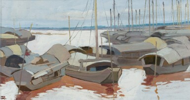 View full screen - View 1 of Lot 243. TRAN BINH LOC 陳平祿 | HANOI, SAMPANS SUR LE FLEUVE ROUGE (HANOI, SAMPANS ON THE RED RIVER) 河內,桑潘斯在紅河上.