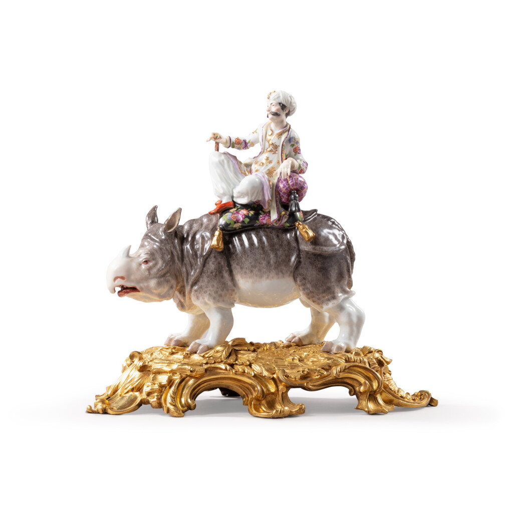 View full screen - View 1 of Lot 614. A gilt-bronze mounted Meissen porcelain group of a rhinoceros and figure, the porcelain mid-18th century, modeled by J.J. Kändler, the mounts Louis XV.