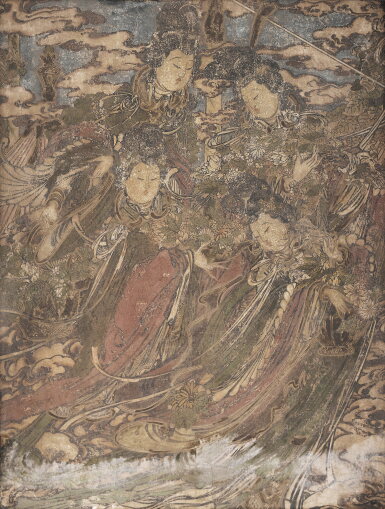 View full screen - View 1 of Lot 152. A polychrome stucco 'celestial maidens' fresco fragment, Ming dynasty or later.