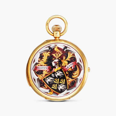 View full screen - View 1 of Lot 2305. “Festina Lente” | A yellow gold minute repeating perpetual calendar single button chronograph half-hunting case keyless lever watch with moon phases, leap year indication and the Coat of Arms are that of Allsopp with a cadency mark of a fleur-de-lis for the 6th son, The Hon. Alfred Percy Allsopp (1861-1929), Circa 1888.