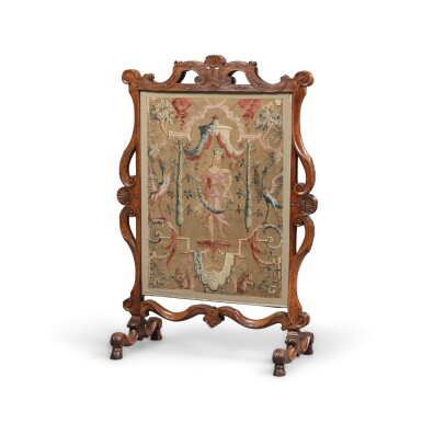 View full screen - View 1 of Lot 56. A carved walnut firescreen, French Regence, circa 1720 | Ecran de feu en noyer et tapisserie d'époque Régence, vers 1720.
