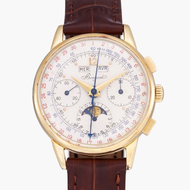 View full screen - View 1 of Lot 83. No. 3176 | A yellow gold triple calendar chronograph wristwatch with moon phases | Sold to Monsieur Cloutier on 9 December 1965 for Fr. 1,480.